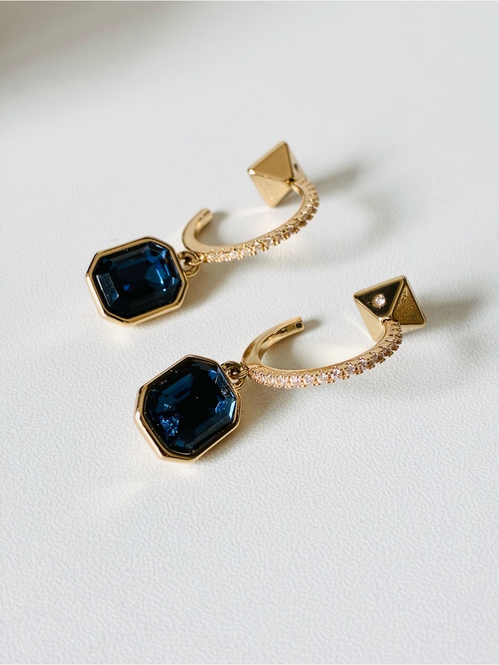 Gold Drop Earrings with Dark Blue Gemstones